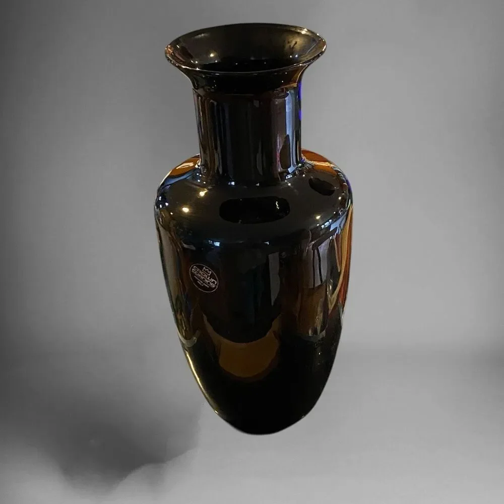CROWN CORNING GLASS WORKS FIRENZE 12” HANDBLOWN BLACK GLASS VASE Handblown in It